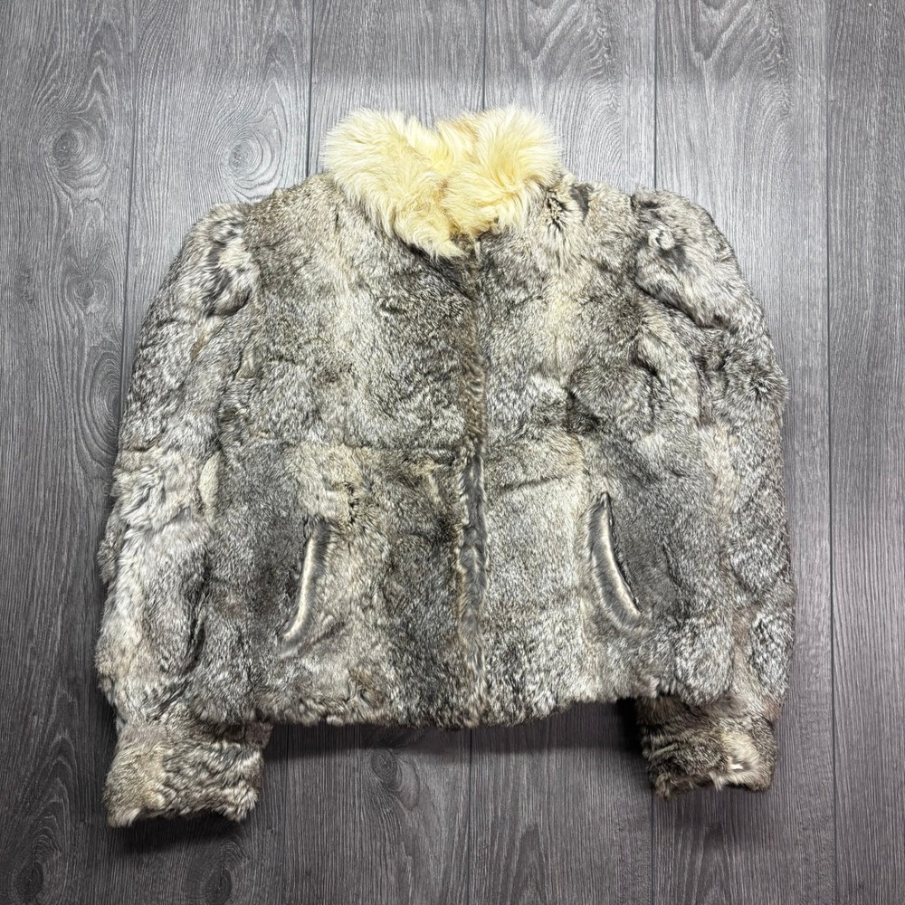 Vintage Yasumi's Rabbit Fur Jacket Grey White Cropped Coat Medium Repair Needed